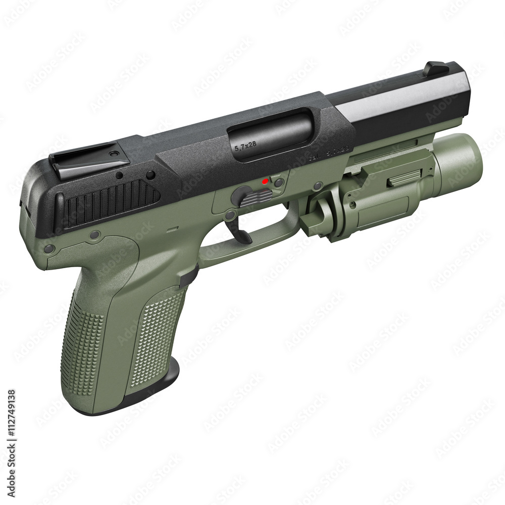 Gun military, police with flashlight, top view. 3D graphic