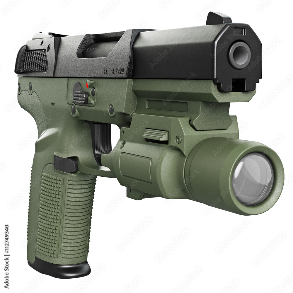 Gun green military, police with flashlight. 3D graphic
