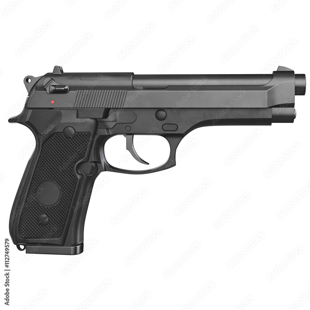 Gun metallic police, military, black on white background isolated, side view. 3D graphic
