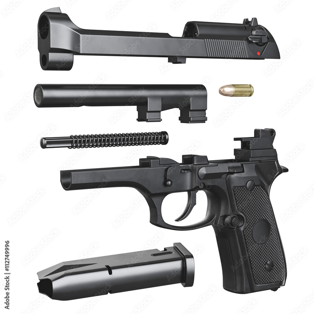 Gun metallic police, military, black on white background isolated. 3D graphic