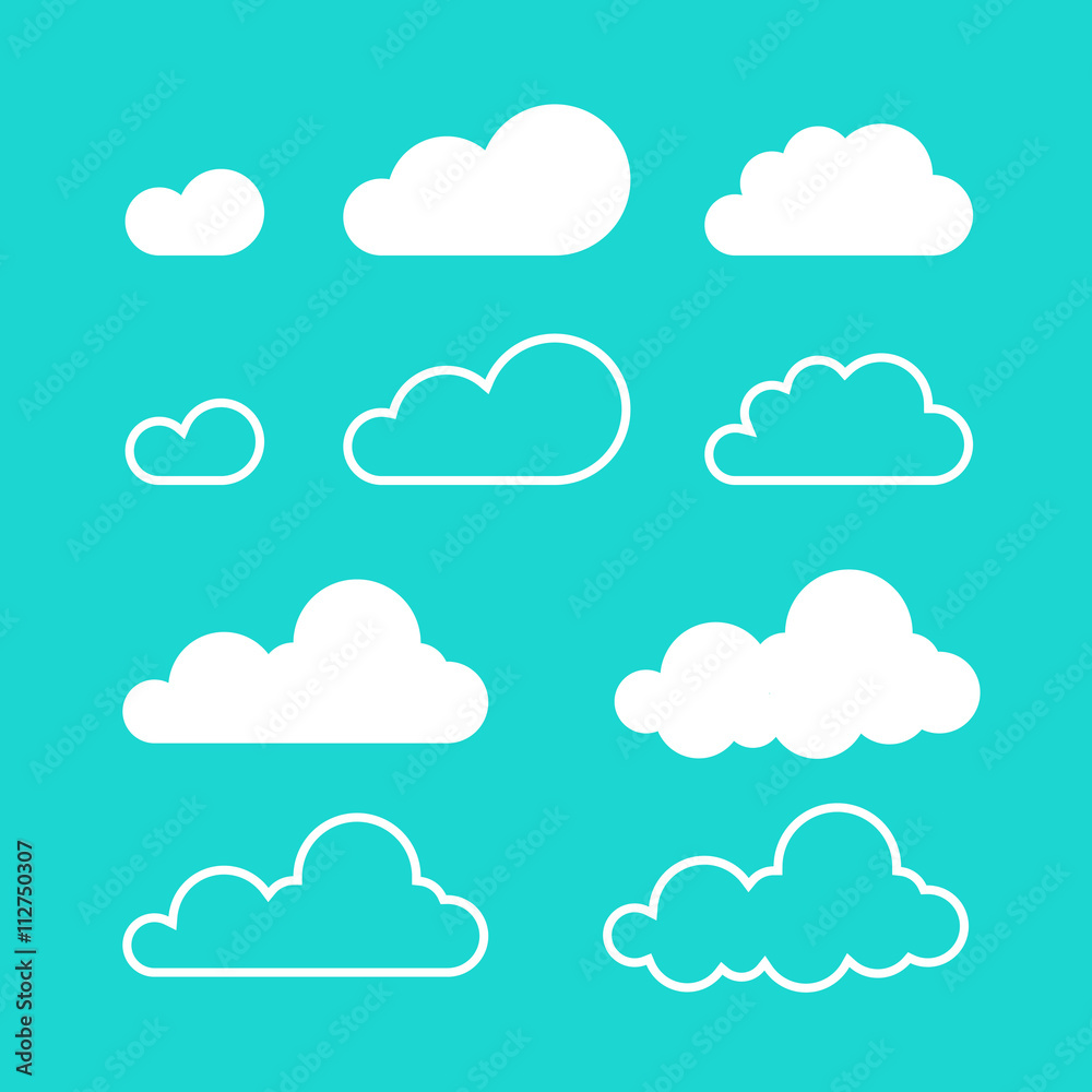 Clouds vector isolated on blue sky background, flat cartoon cloud set, collection of line art outline cloud shapes Clouds vector isolated on blue sky background, flat cartoon cloud set, collection of line art outline cloud shapes