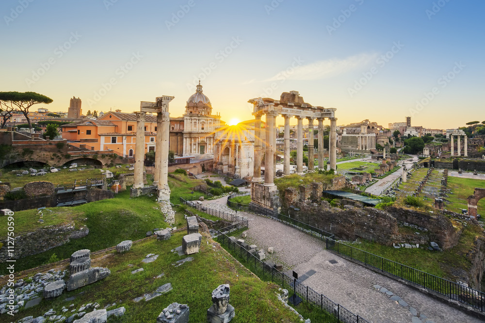 Roman Forum in Rome, Italy during sunrise.