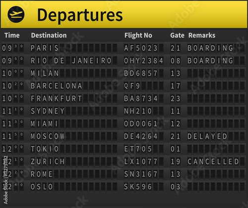 Airport timetable showing departure destinations. Worldwide destinations shown, including Zurich, Moscow, London, Sydney and others. Very detailed illustration of airport timetable.