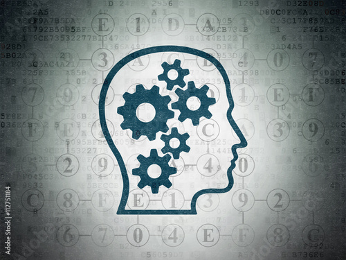 Information concept: Head With Gears on Digital Data Paper background