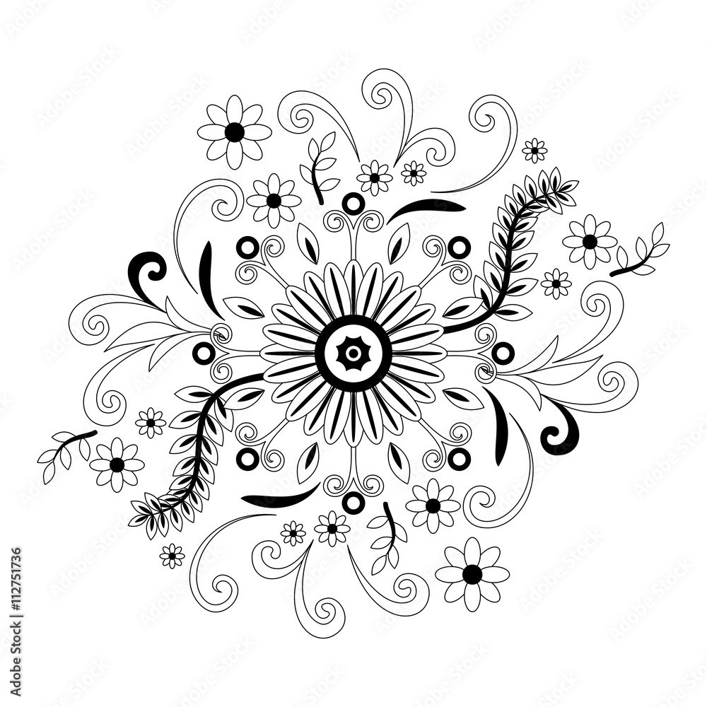 Abstract Outline Ornament, Contour Black and White Floral Pattern on White Background. Vector Abstract Outline Ornament, Contour Black and White Floral Pattern on White Background. Vector