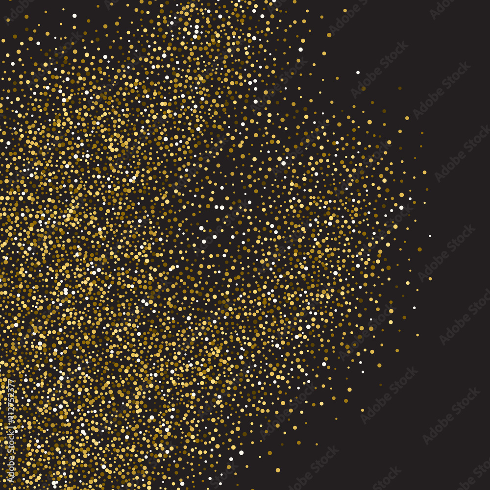 Gold glitter shine texture on a black background. Golden explosion of confetti. Golden abstract particles on a dark background. Isolated Holiday Design elements. Vector illustration.