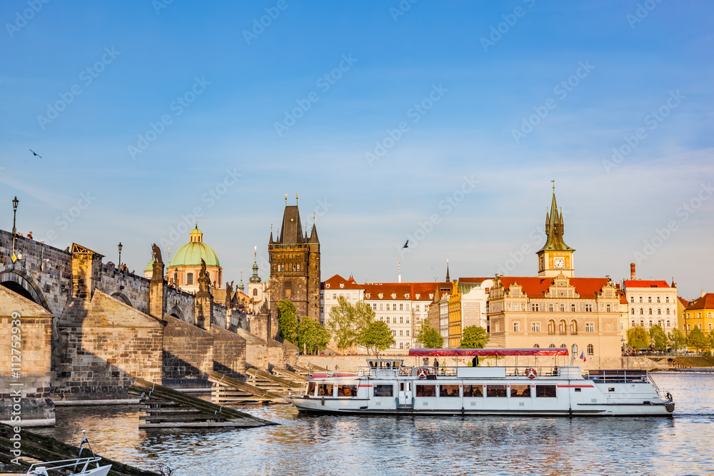 Fototapeta premium Prague, Czech Republic. Charles Bridge, boat cruise on Vltava river