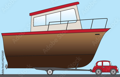 Big cartoon boat is being towed to the water by a small car