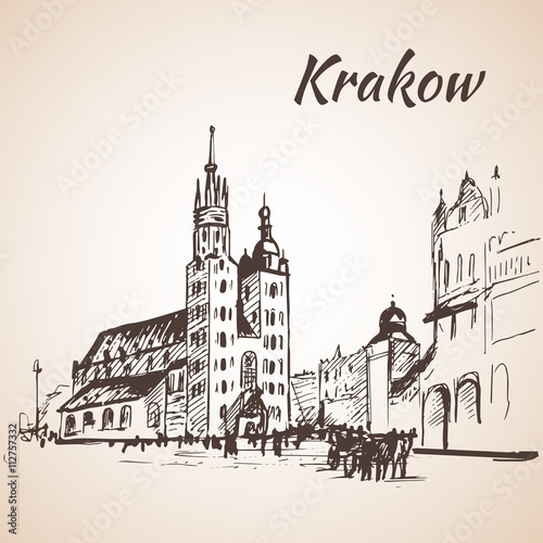 Main Square  Krakow  Poland. Sketch. Isolated on white backgroun