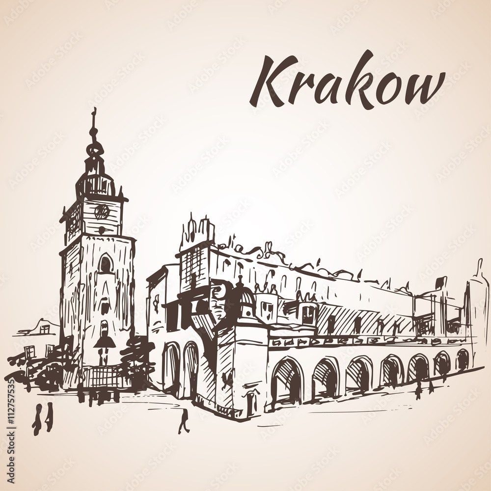 Main Square, Krakow, Poland. Sketch. Isolated on white backgroun