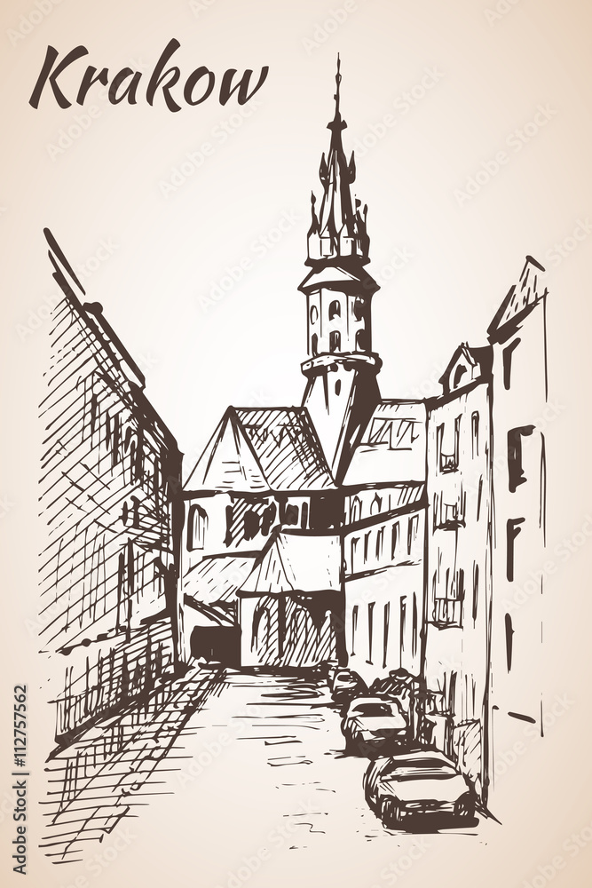 Small street, Krakow, Poland. Sketch. Isolated on white backgrou