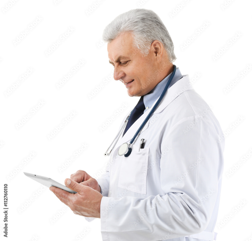 Professional doctor with tablet, isolated on white Professional doctor with tablet, isolated on white