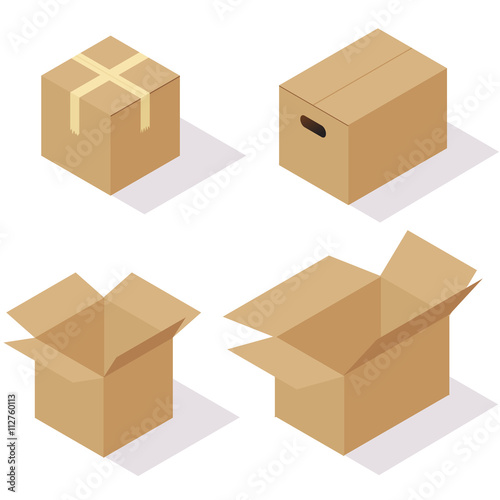 Vector set of isometric boxes. Opened and closed carton packages.