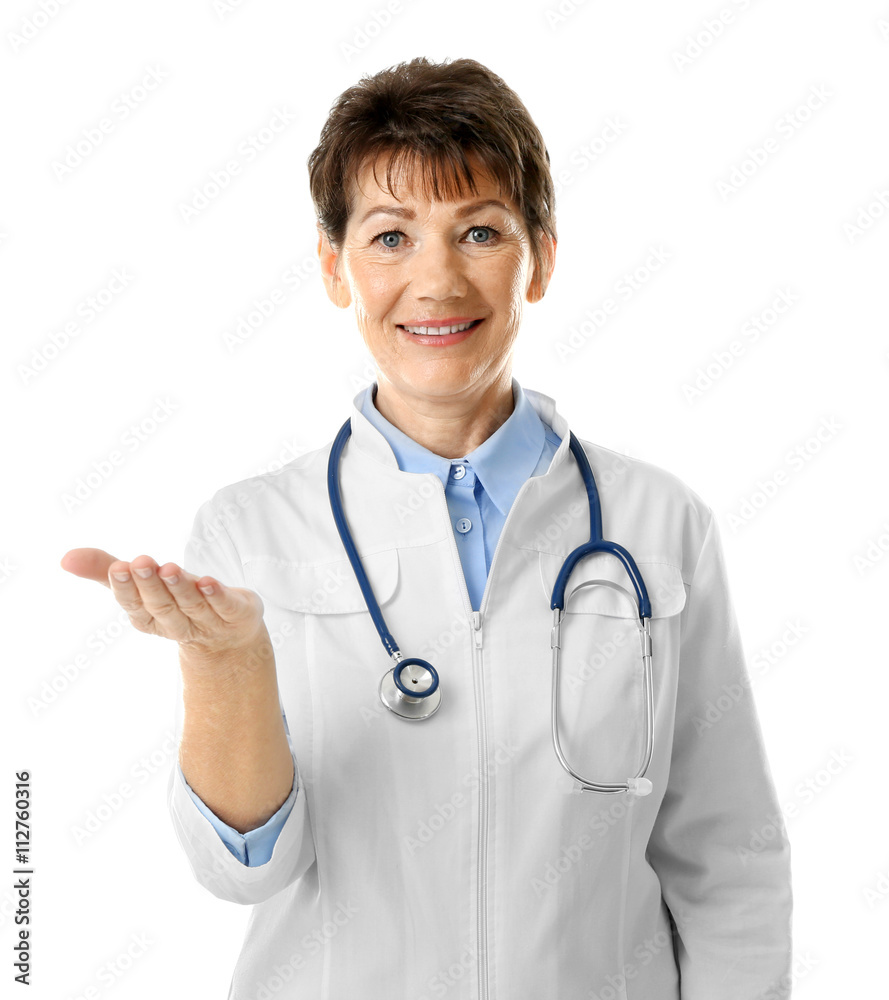 Professional doctor making gesture, isolated on white Professional doctor making gesture, isolated on white