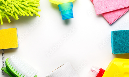 House cleaning products on white table