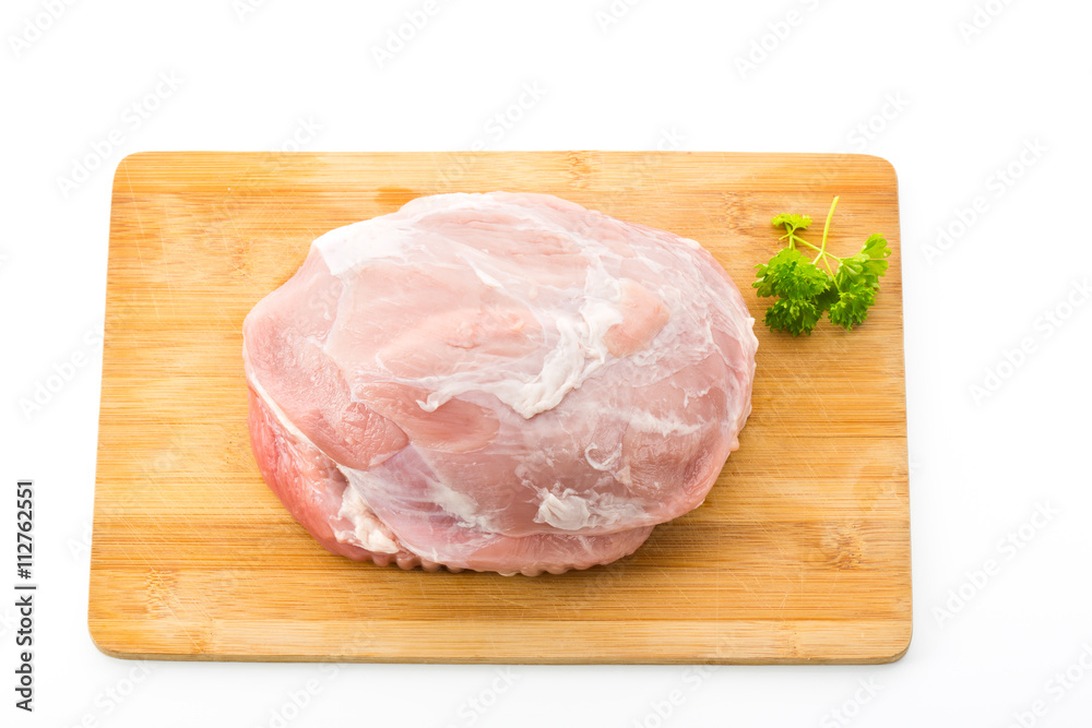 Schweinebraten, Küchenbrett, weißer Hintergrund Schweinebraten, Küchenbrett, weißer Hintergrund