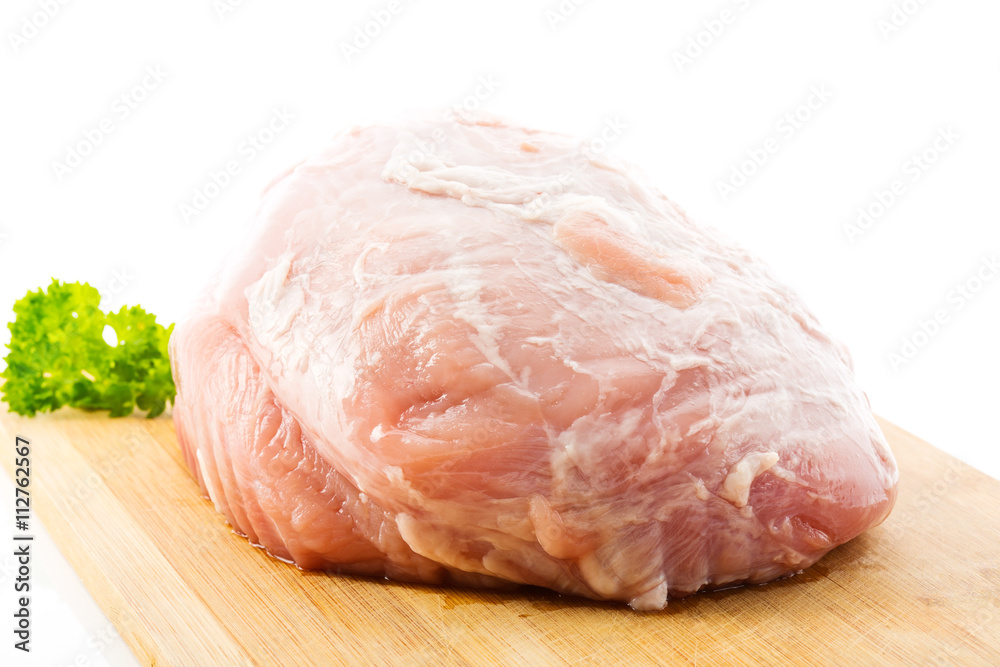 Schweinebraten, Küchenbrett, weißer Hintergrund Schweinebraten, Küchenbrett, weißer Hintergrund