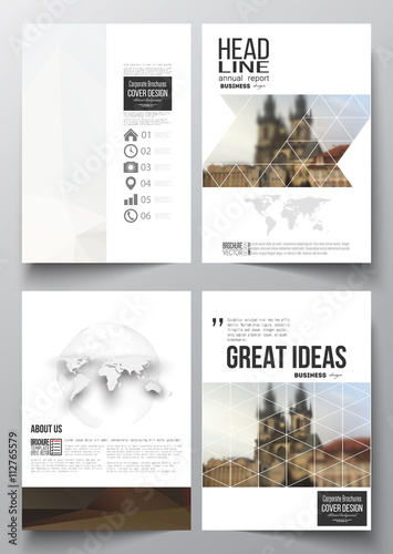 Set of business templates for brochure, magazine, flyer, booklet or annual report. Polygonal background, blurred image, urban landscape, Prague cityscape, modern triangular texture