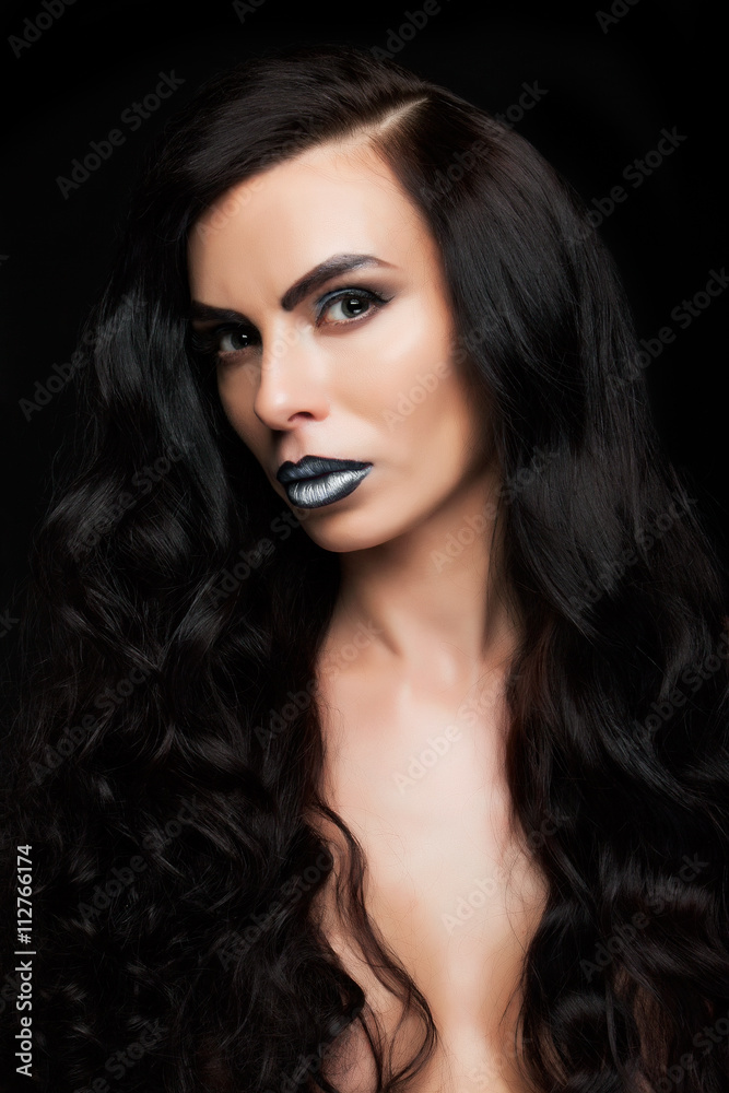 beautiful face of a girl with long black hair on black backgroun beautiful face of a girl with long black hair on black backgroun