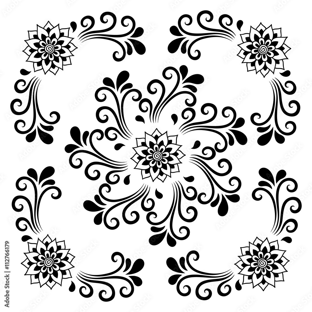 Hand drawing decorative tile frame. Classical floral ornament. Illustration for your design, textiles, posters, tattoos, ceramic tile.