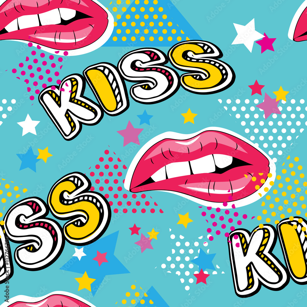 Seamless pattern Lips, Kiss, star, dot in retro funny geometrical style. Funny abstract pattern for textiles and fabrics, wrapping paper and wallpapers. Vector illustration.
