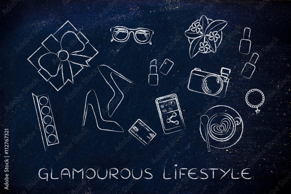 mixed glamour objects on desk, glamourous lifestyle mixed glamour objects on desk, glamourous lifestyle
