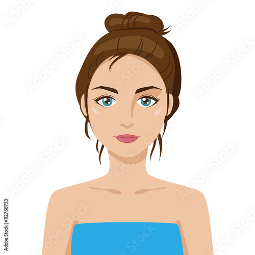 Beautiful friendly young girl with hair bun, dark hair. Cartoon style. Big green eyes, tanned skin. Wearing towel. Vector portrait with layers. Graphic design element for spa or beauty salon poster