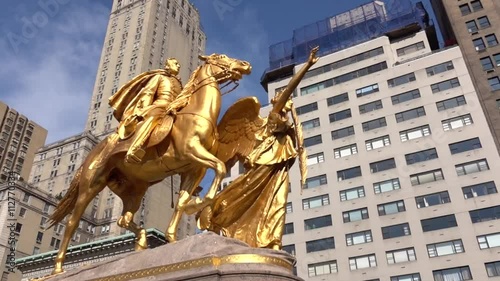 The sculpture of General William Tecumseh Sherman near Central park, New York. Stabilized camera moving around
