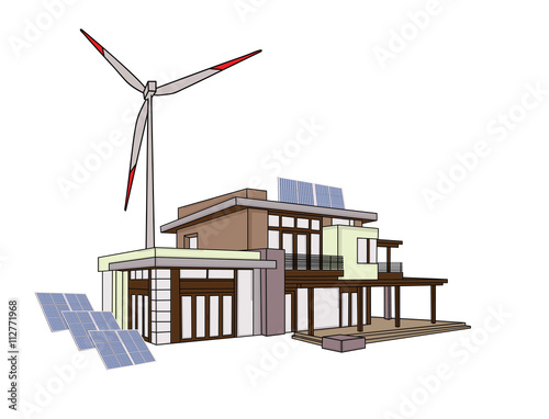 Modern family house with solar panels and wind turbines