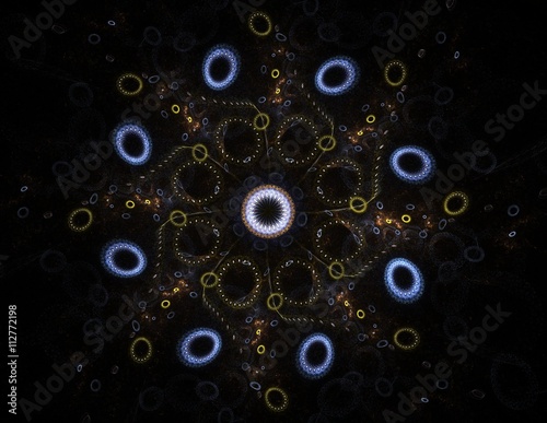 Lacy colorful clockwork pattern. Digital fractal art design. Abstract design of sacred symbols signs geometry.