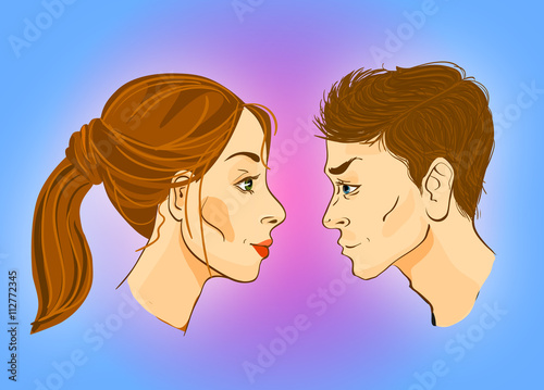 Faces of men and women in a profile , which face each othe