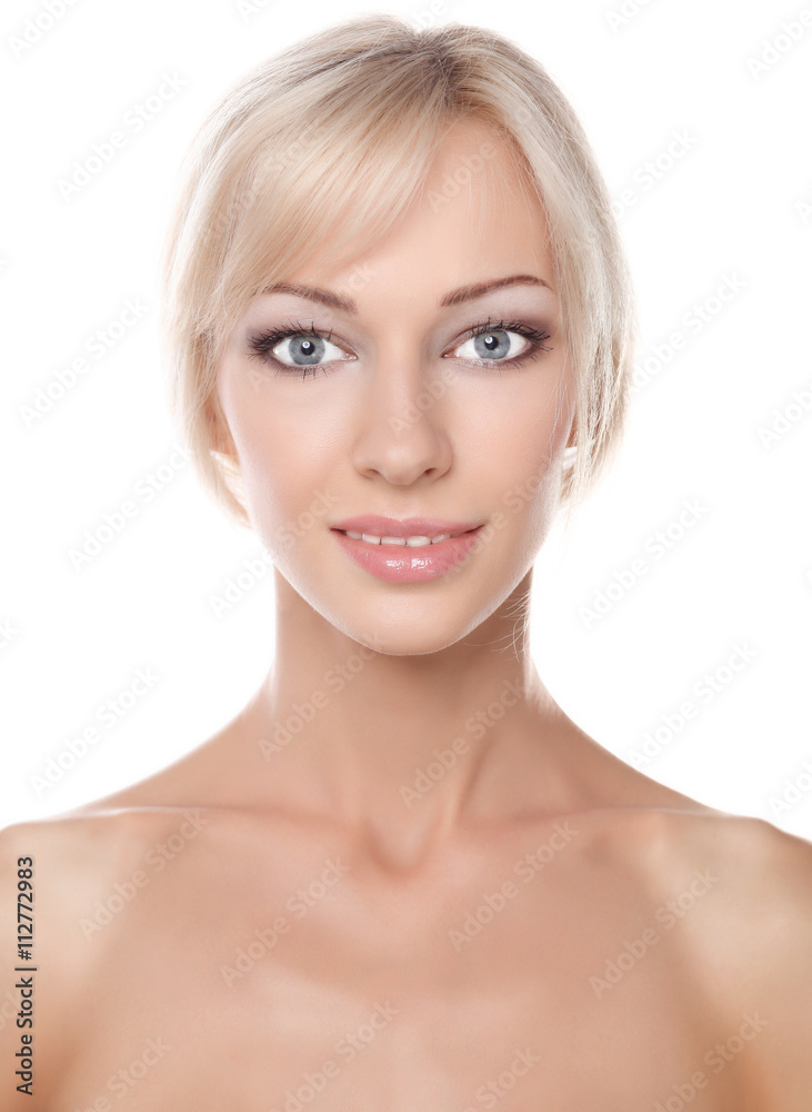 Close up portrait of beautiful young woman face. Isolated on white background. Close up portrait of beautiful young woman face. Isolated on white background.