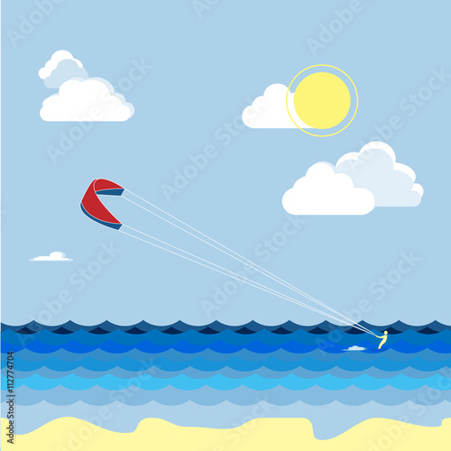 Summer kitesurfing sport. Man skiers on the water, summer vacation.