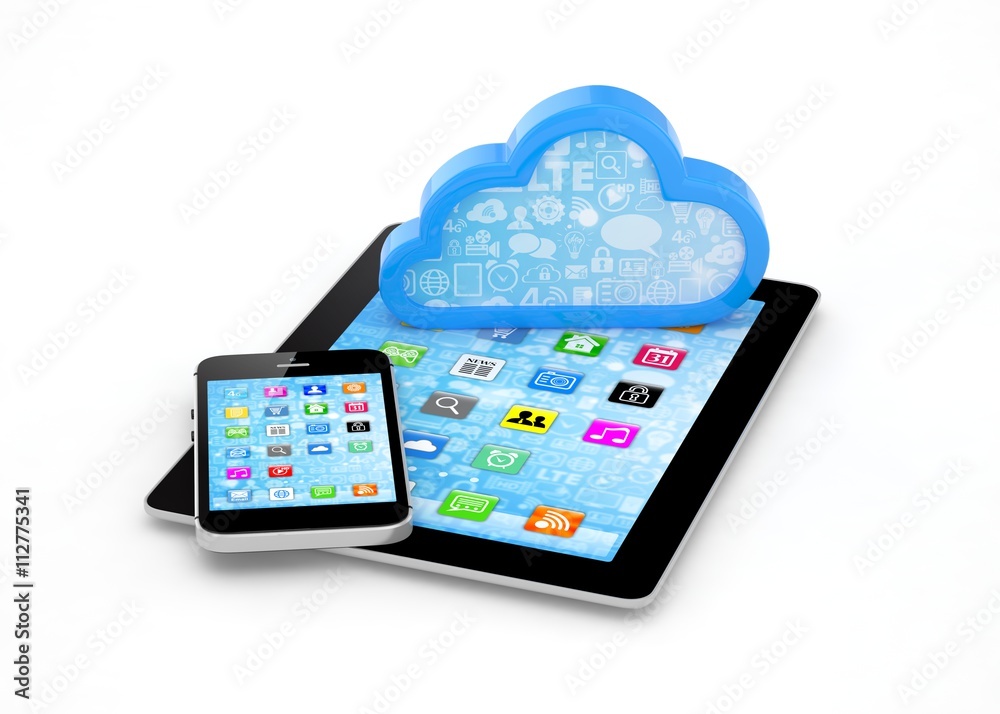 tablet pc, smart phone and cloud. 3d rendering. tablet pc, smart phone and cloud. 3d rendering.