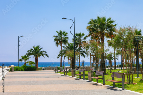 Coastline and promenade in Limassol  island Cyprus  Europe  Mediterranean Sea. Bright sunny day and blue water and sky.