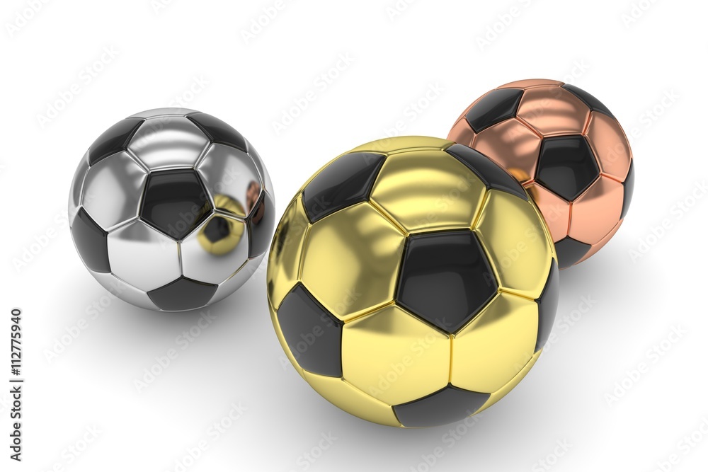 Three gloss soccer balls on white background. 3D rendering. Three gloss soccer balls on white background. 3D rendering.
