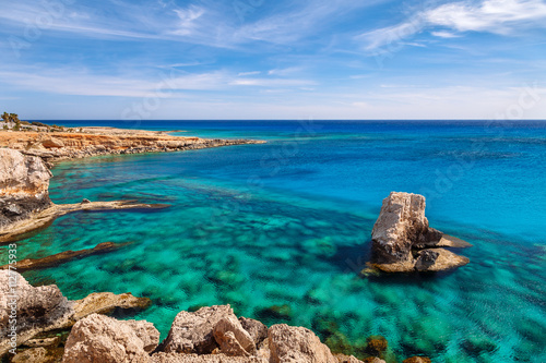 Beautiful natural rock near of Ayia Napa, Cavo Greco and Protaras on Cyprus island, Mediterranean Sea. Amazing blue green sea and sunny day.