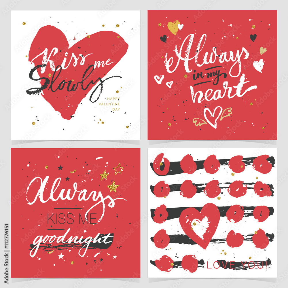 Naklejka premium Vector collection of love poster or cards template. Calligraphic phrase: Kiss me slowly, Always in my heart, Kiss me goodnight. Love you. Abstract background with gold glitter and splash. 