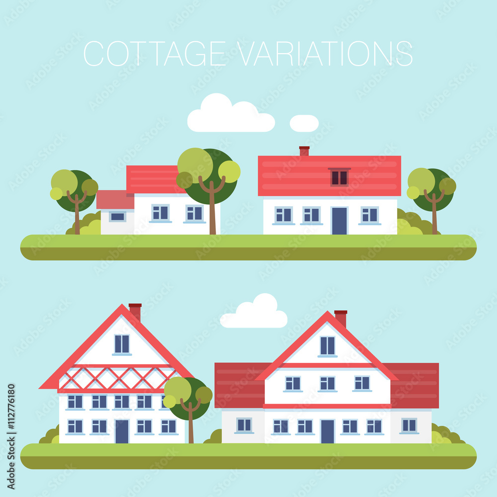 Set of detailed colorful cottage houses. Flat style modern buildings. Summer landscape in flat style vector illustration
