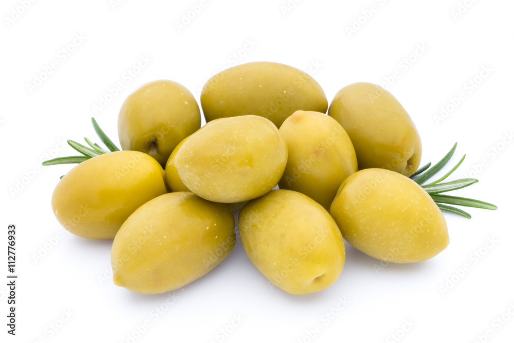Olives on leaves isolated on white.
