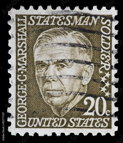 United States used postage stamp showing George Catlett Marshall photo
