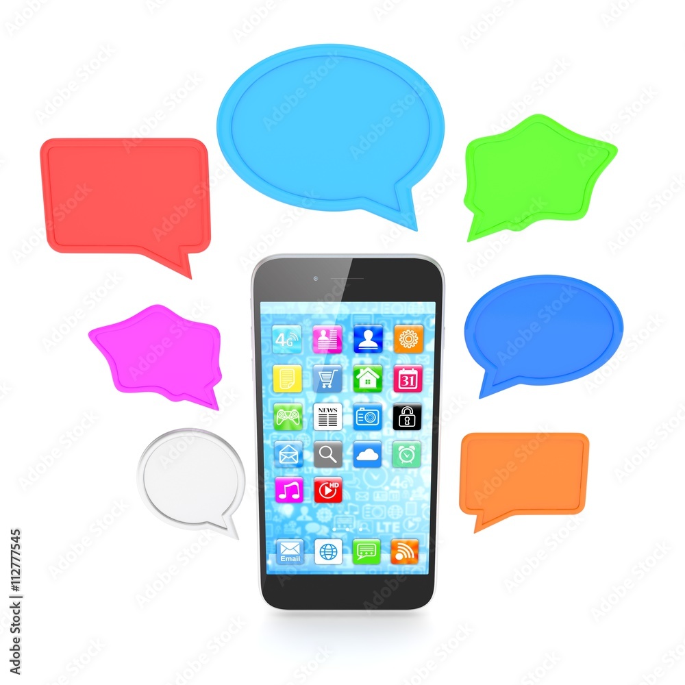 smartphone with bubbles isolated on white background. 3d rendering. smartphone with bubbles isolated on white background. 3d rendering.