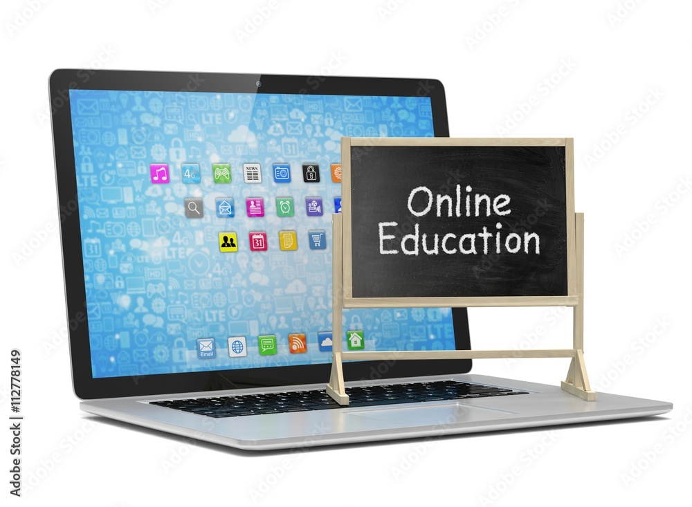 Laptop with chalkboard, online education concept. 3d rendering. Laptop with chalkboard, online education concept. 3d rendering.