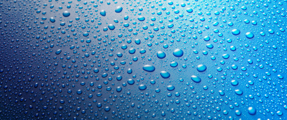 Panoramic banner of water drops on blue metal