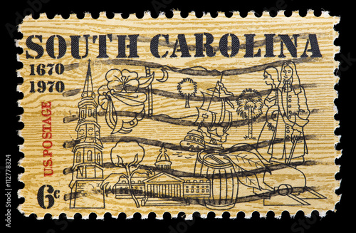 United States used postage stamp showing symbols of South Carolina