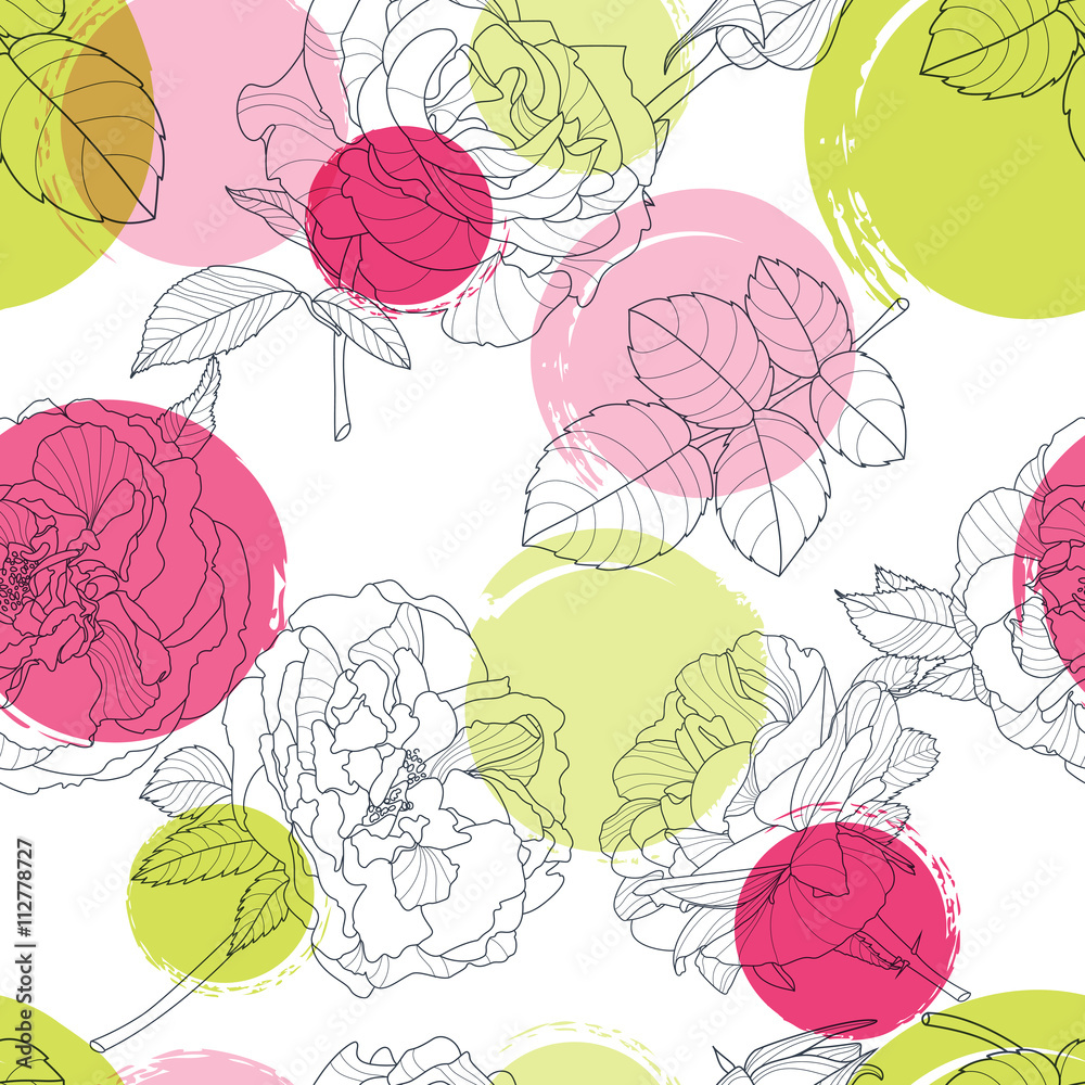 Vector seamless pattern with beautiful roses flower and colorful watercolor blots. Black and white floral line illustration. Design for fabric, textile print, wrapping paper. Roses background. Vector seamless pattern with beautiful roses flower and colorful watercolor blots. Black and white floral line illustration. Design for fabric, textile print, wrapping paper. Roses background.