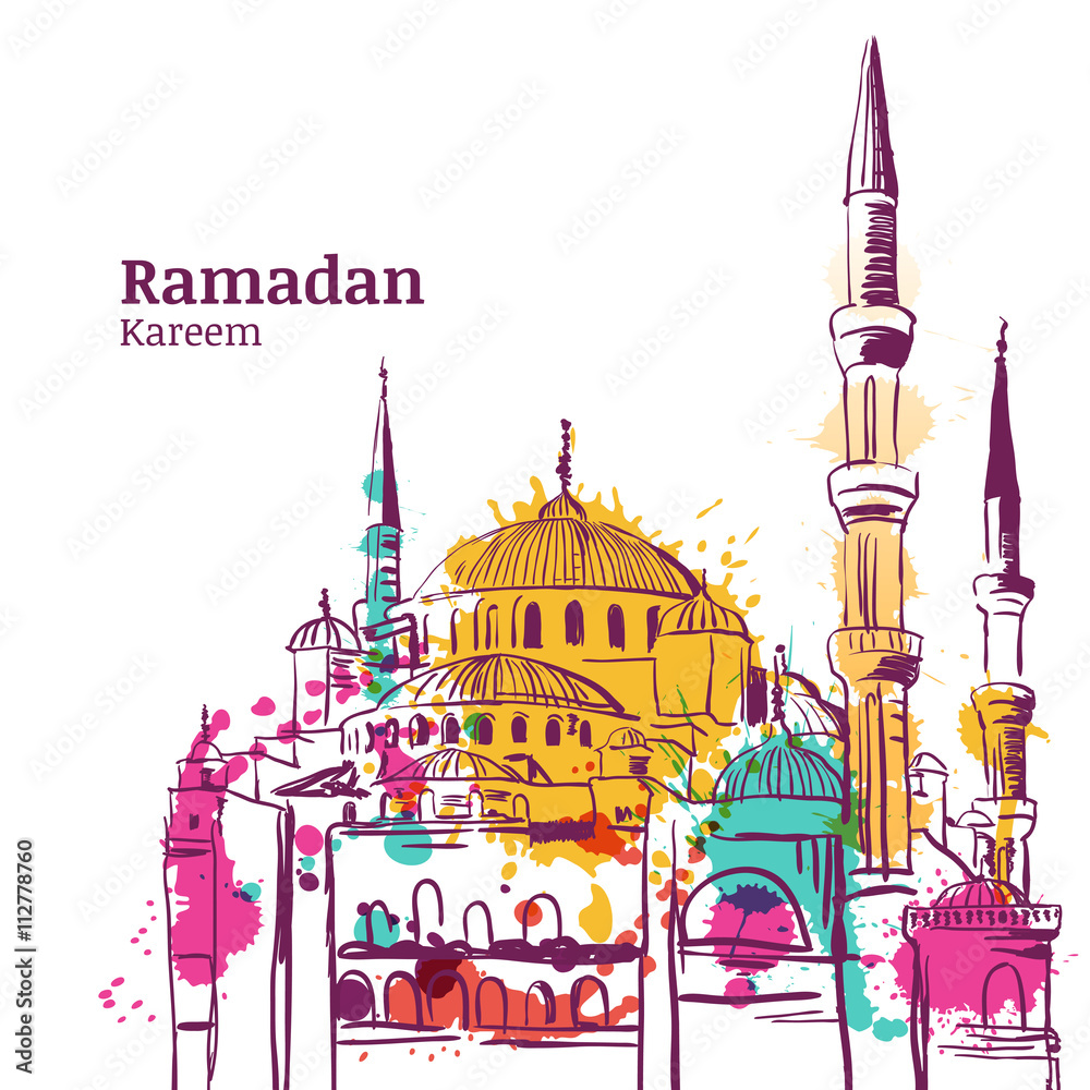 Obraz premium Ramadan Kareem holiday design. Watercolor sketch illustration of mosque. Vector ramadan holiday watercolor background. Greeting card or banner for muslim ramadan holiday.