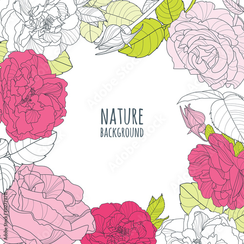 Vector square frame with hand drawn roses flowers. Floral background with pin...