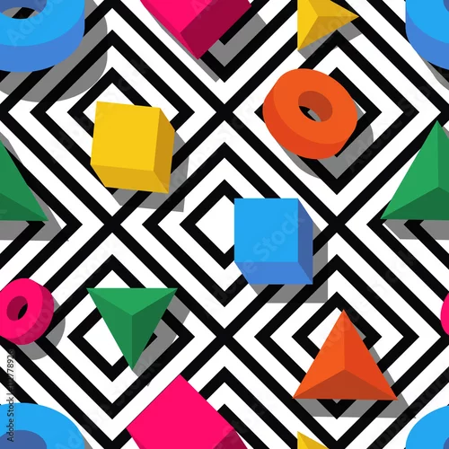 Tapety Wektor wzór 3d stylizowane wielokolorowe geometryczne kształty na czarno-białe tło. Projektowanie modnych nadruków tekstylnych, papieru do pakowania, teł internetowych, opakowań.