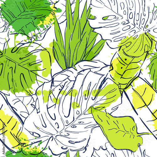 Vector seamless pattern with outline tropical palm leaves and watercolor blot...